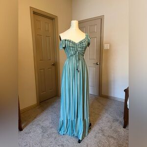 Pink Blush Maternity Dress- Green Striped Off Shoulder Front Tie Maternity Maxi